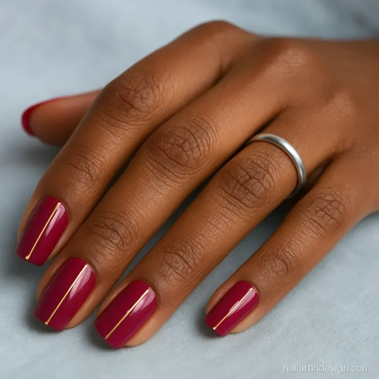 Dark pink nail art in magenta with one thin gold line on square nails
