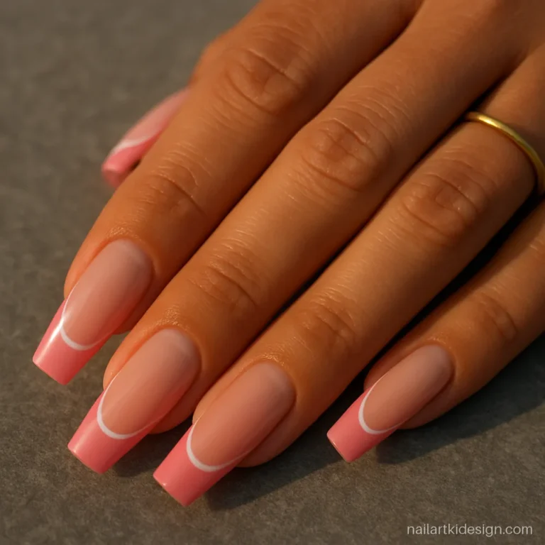 Pink French nail designs with a thin second line below the tip
