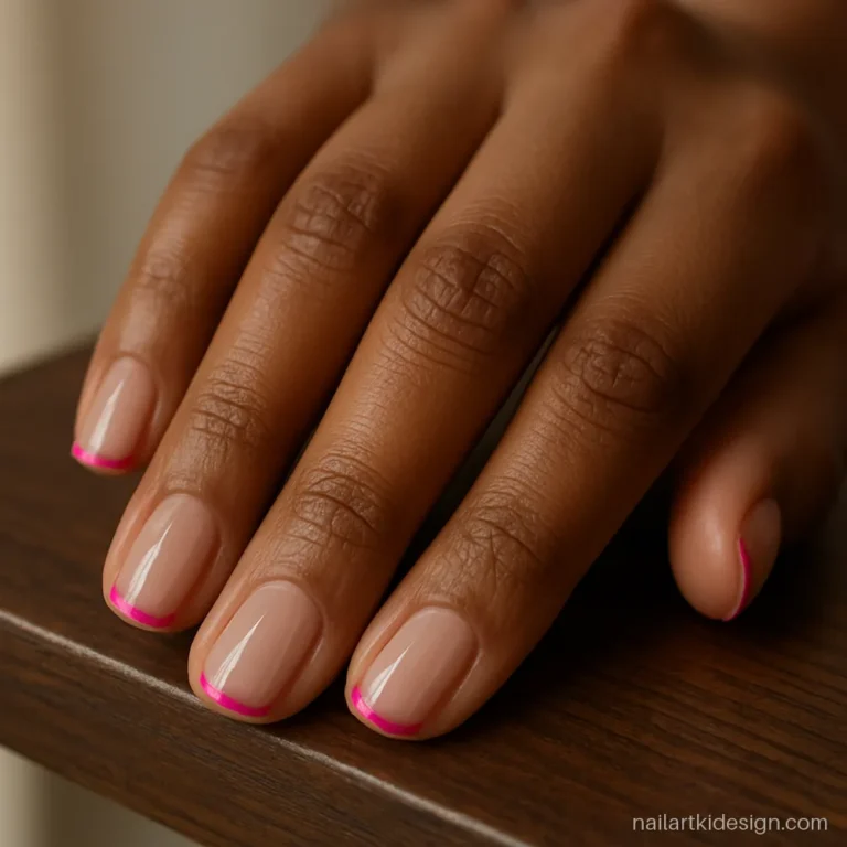 Hot pink French tips over a sheer nude base on short square nails