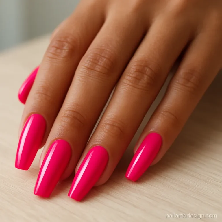 Hot pink nail art with a glossy finish on long coffin nails