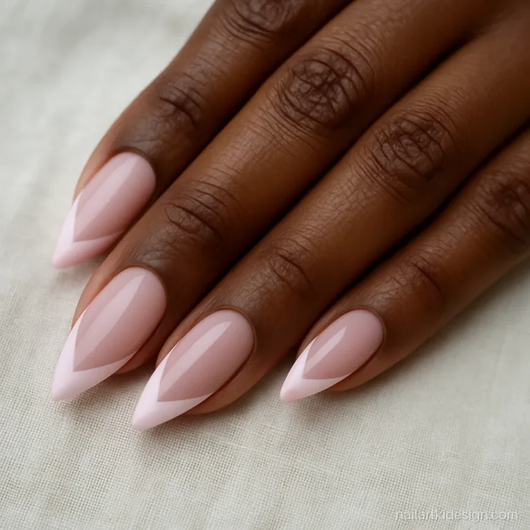 Nude pink nails with a pale pink V French tip on almond nails