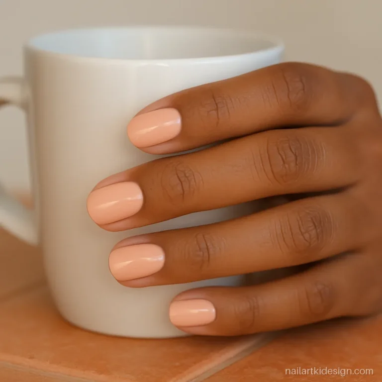 Peach color nail polish in a glossy finish on short oval nails