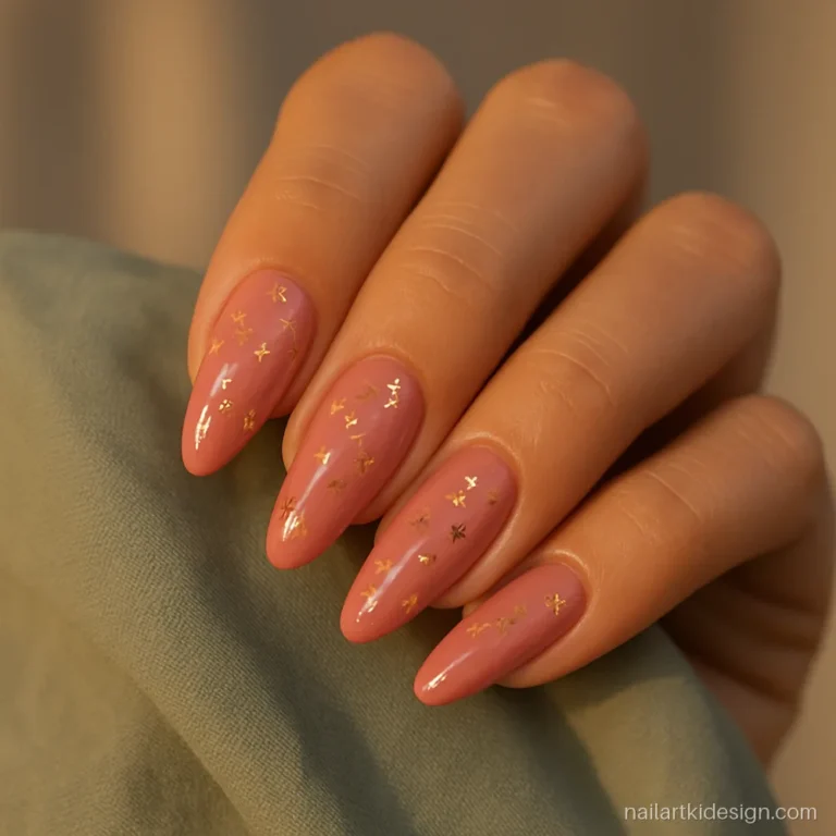 Pink and gold nails with gold foil flakes on long almond nails