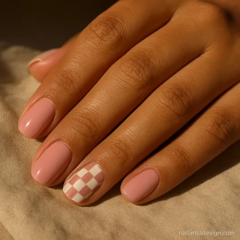 Pink and white nail art with a small checkerboard on short square nails