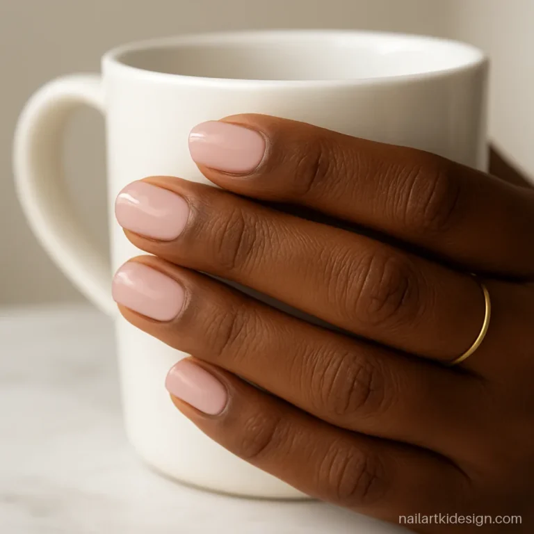 Light pink nails with a small white flower on the ring finger