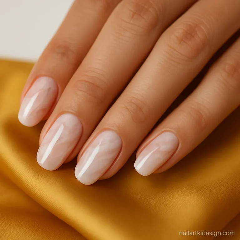 Pink and white marble nail designs on medium oval nails with glossy finish