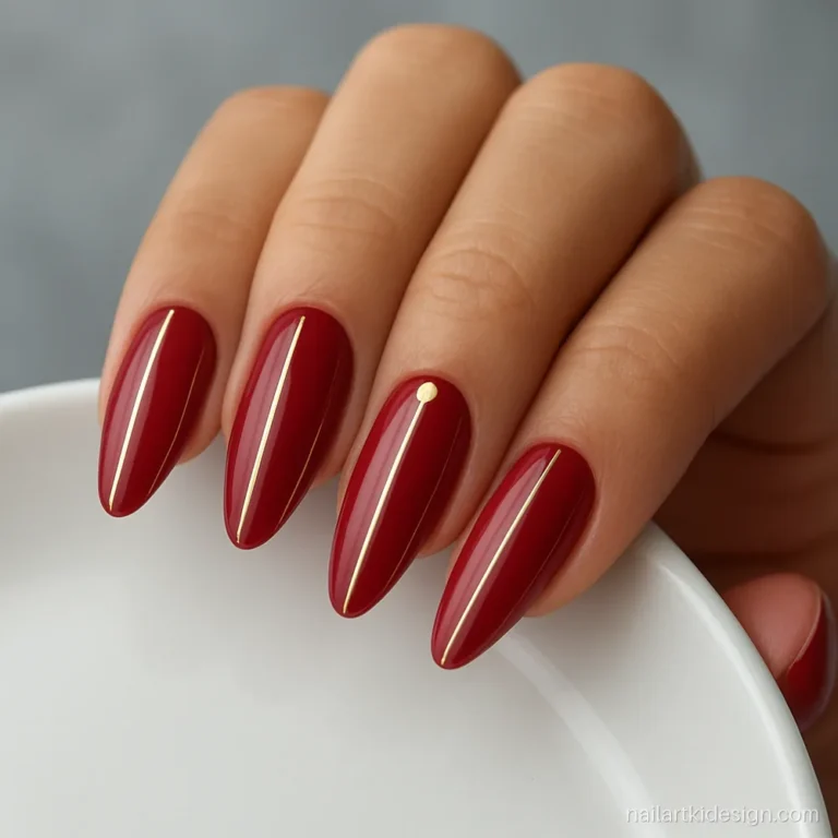 Bridal red nail art with gold stones and fine lines on almond nails