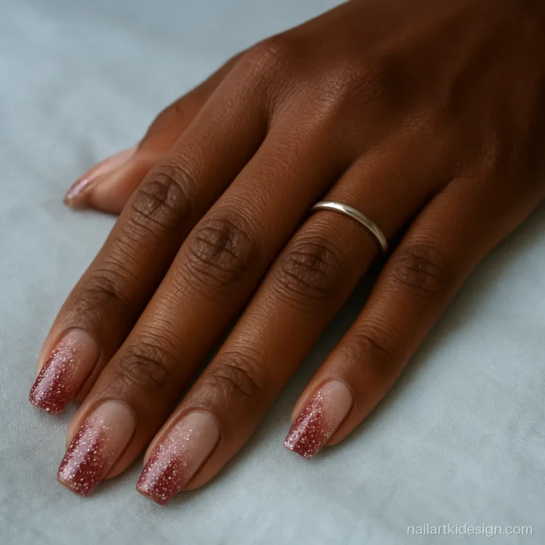 Burgundy nails with a glitter gradient rising from the cuticle