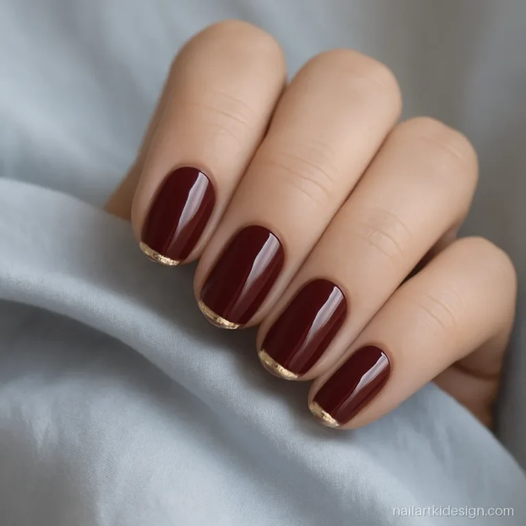 Burgundy nails with gold tips on short oval nails