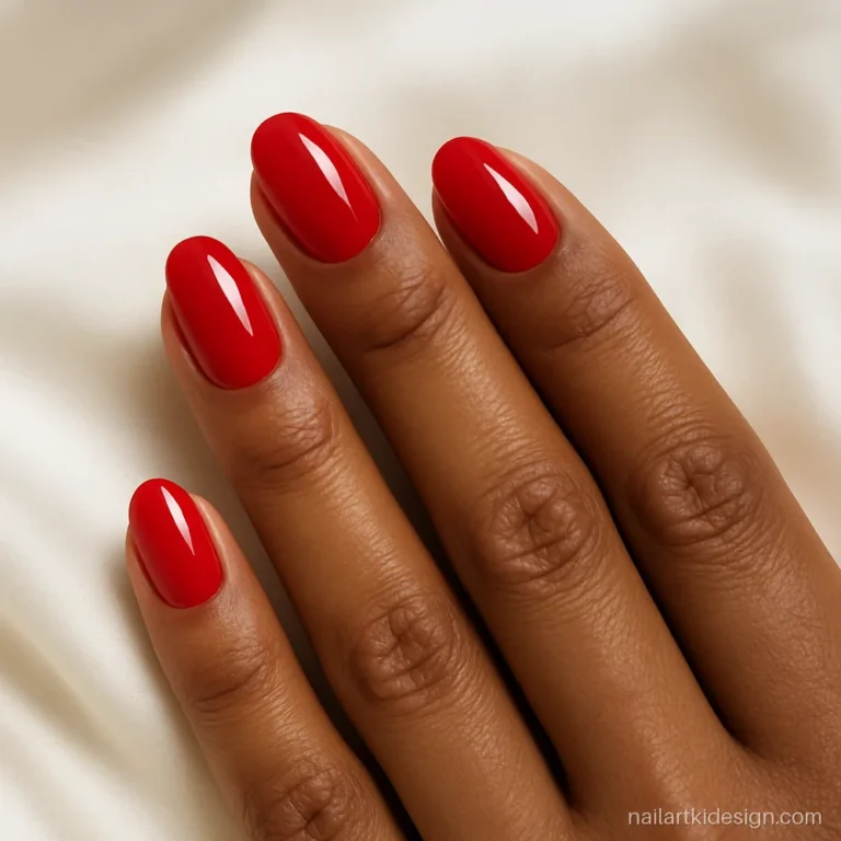 Classic red nail polish with a glossy finish on short oval nails