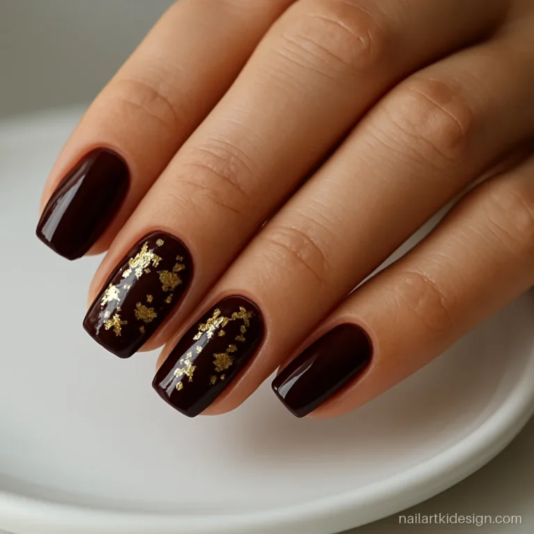 Dark maroon nail paint with gold leaf flakes on square nails
