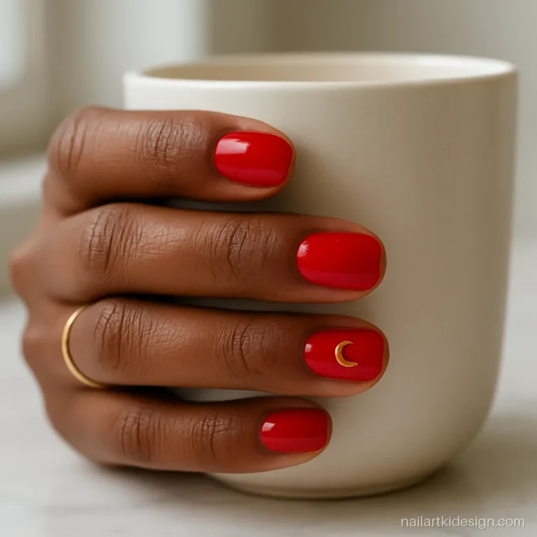 Red nail designs with a small gold moon for Karva Chauth