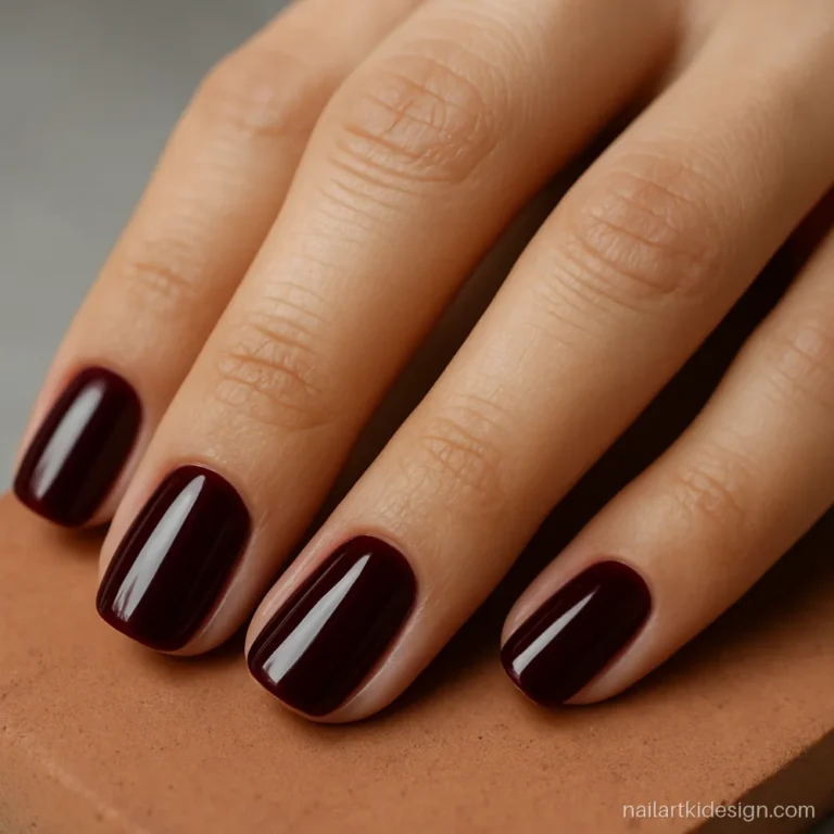 Maroon nail polish with a high shine on medium squoval nails