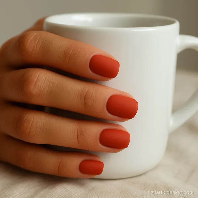 Matte orange red nails on short square nails for everyday wear