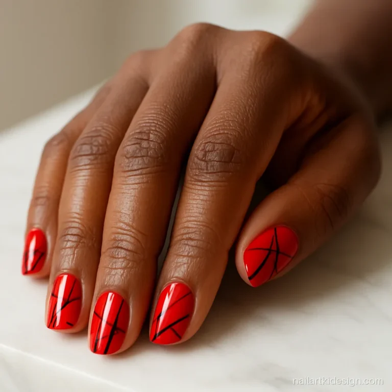 Red and black nail art with thin abstract lines on red nails