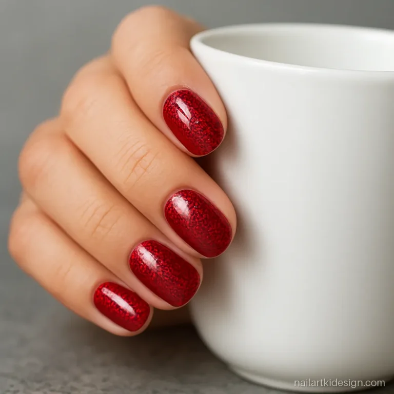 Full red glitter nails on medium oval nails with a smooth top coat