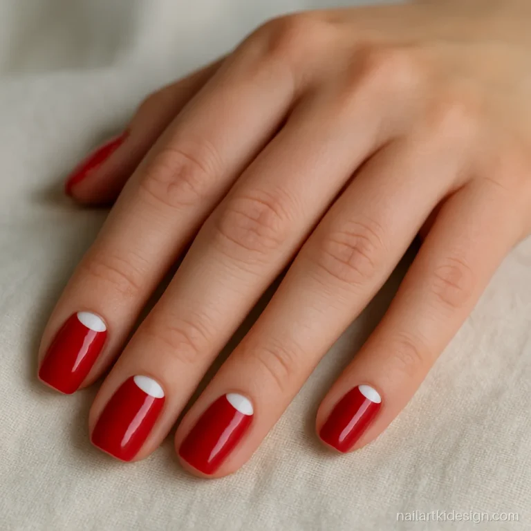 Red half moon manicure with a white crescent on squoval nails