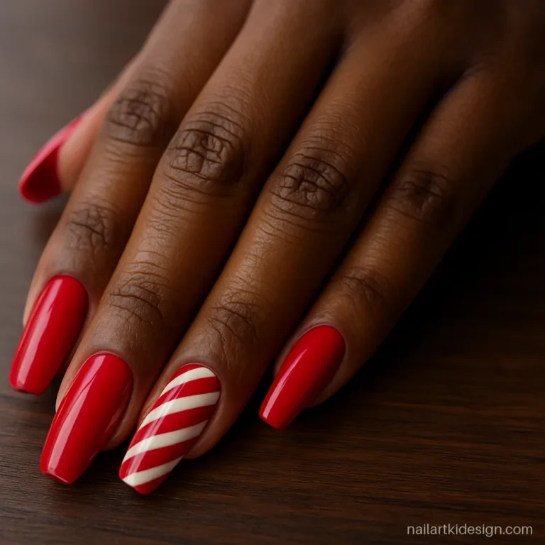 Red and white nail art with diagonal stripes on long coffin nails
