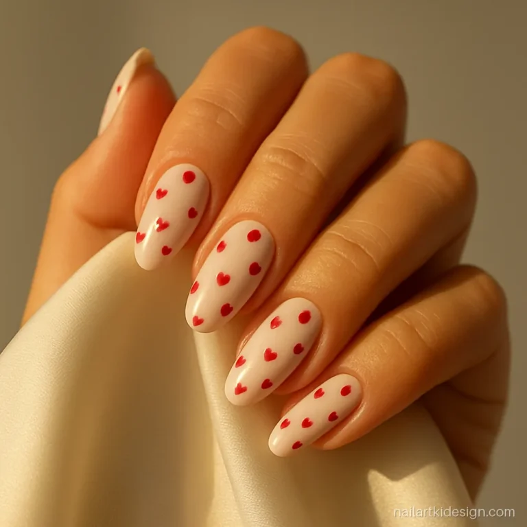 White nails with small red hearts on medium almond nails