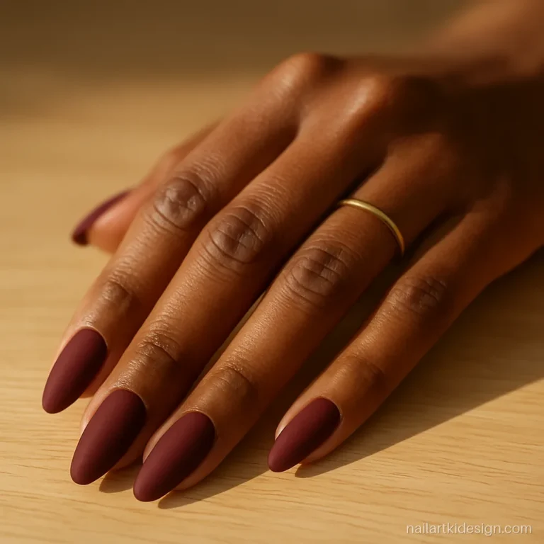 Matte maroon nail polish in wine red on long almond nails