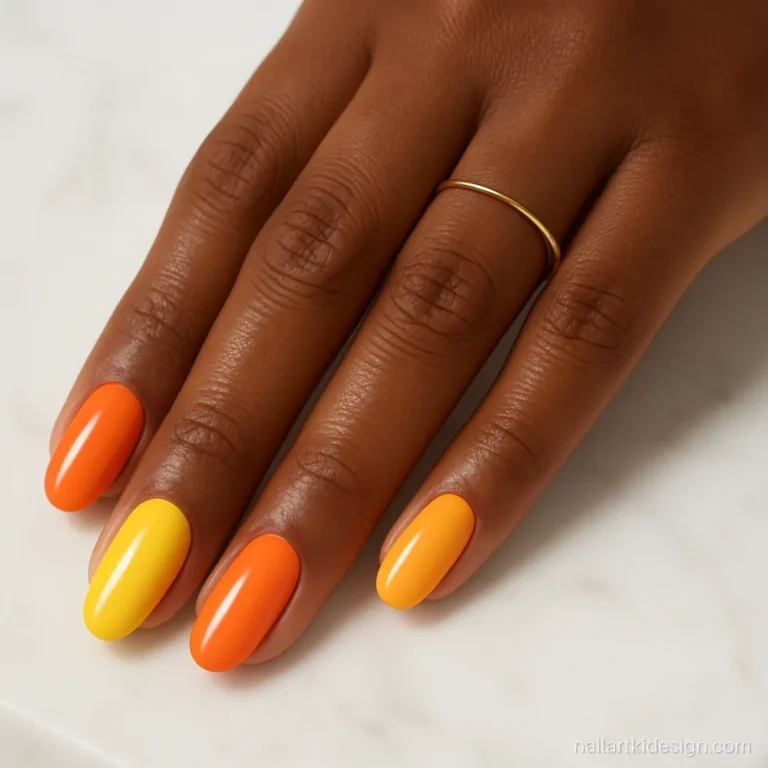 Summer nails in bright orange and lemon yellow on alternate almond nails