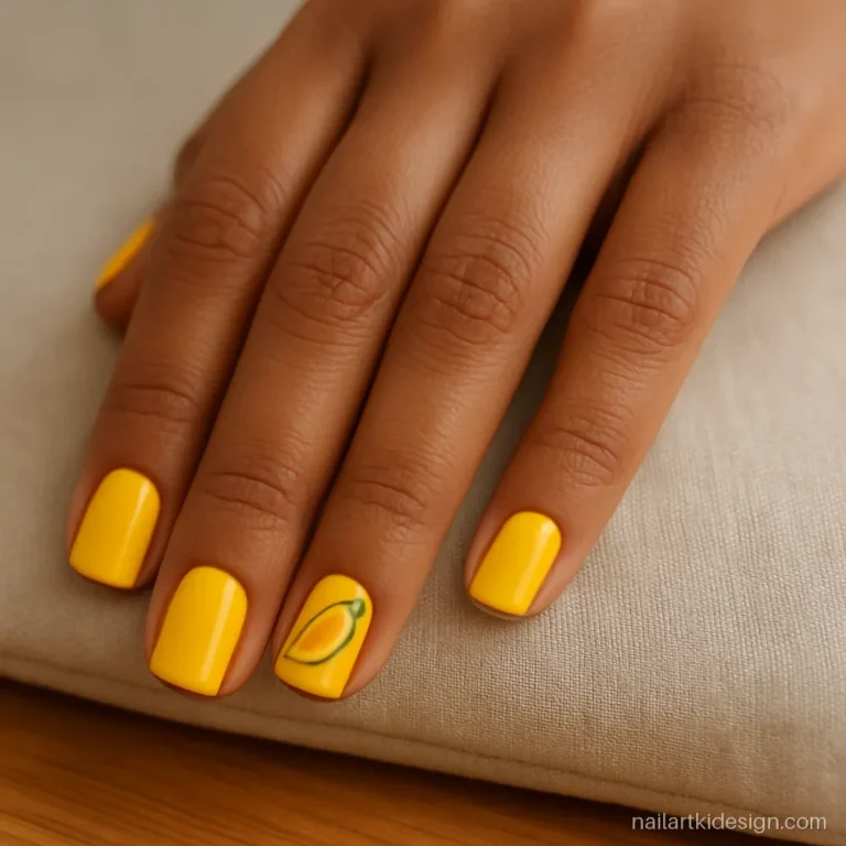 Short square nails with a tiny mango slice painted on the ring finger