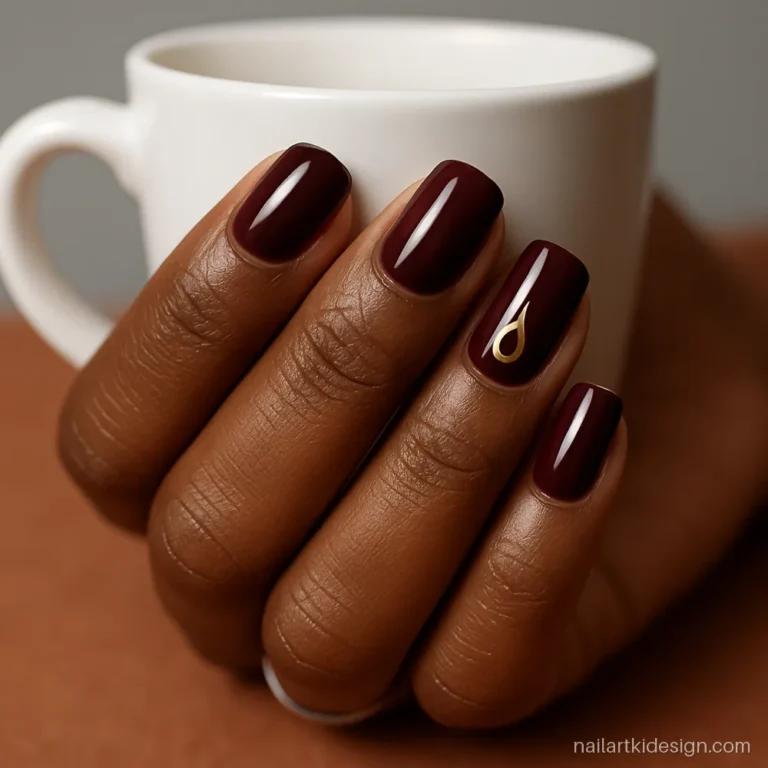 Maroon nails with a tiny gold diya flame painted on the ring finger