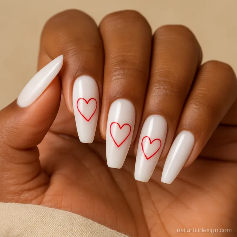 Milky white coffin nails with thin red heart outlines for Valentine's Day