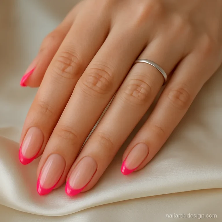 French tip nail designs for summer with neon pink tips on almond nails