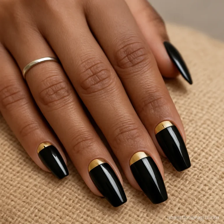 Black and gold winter party nails with gold half-moons on coffin nails