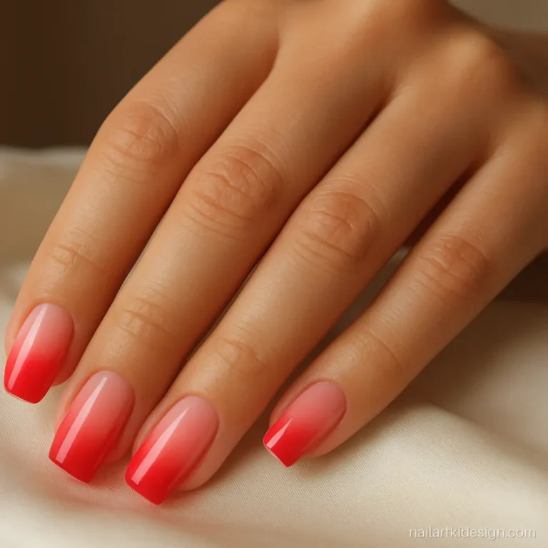 Valentine nail art with a pink to red ombre on square nails