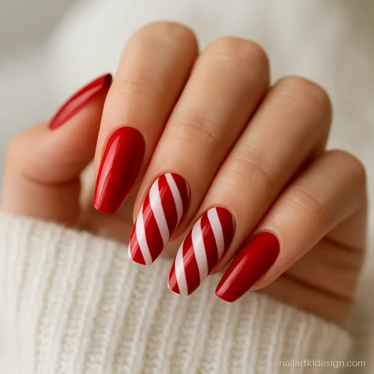 Christmas nails with red and white candy stripes on long coffin nails