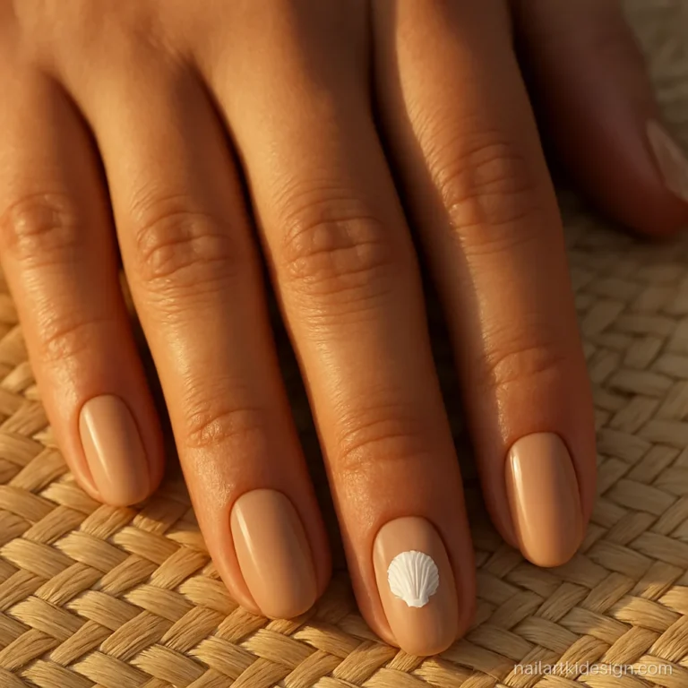 Beach nail designs with a sandy beige base and one tiny white shell