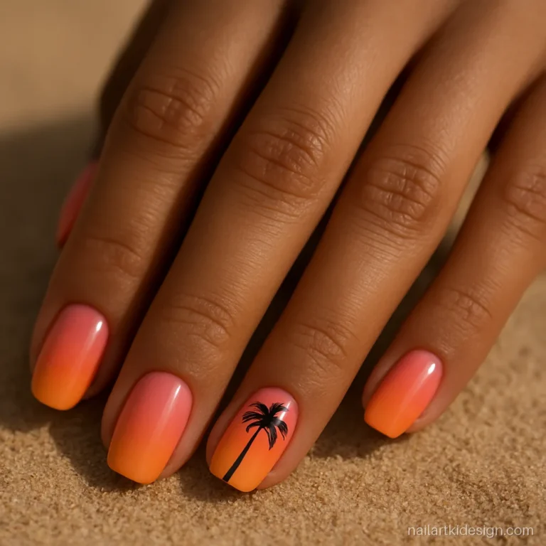 Short round nails with a sunset gradient and tiny black palm trees