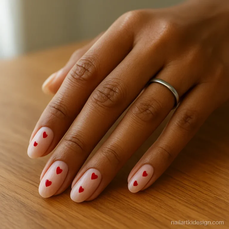 Valentines day nails with tiny red hearts on a pale pink almond base