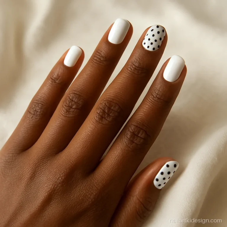 Black and white polka dot short nail art on short round nails
