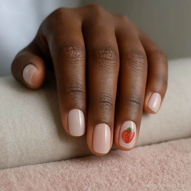Cute nail art for short nails with tiny strawberries on a milky pink base