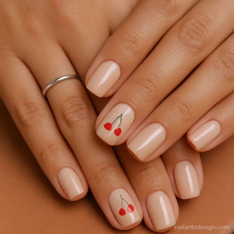 Cute nail art designs for short nails with two cherries on nude square nails