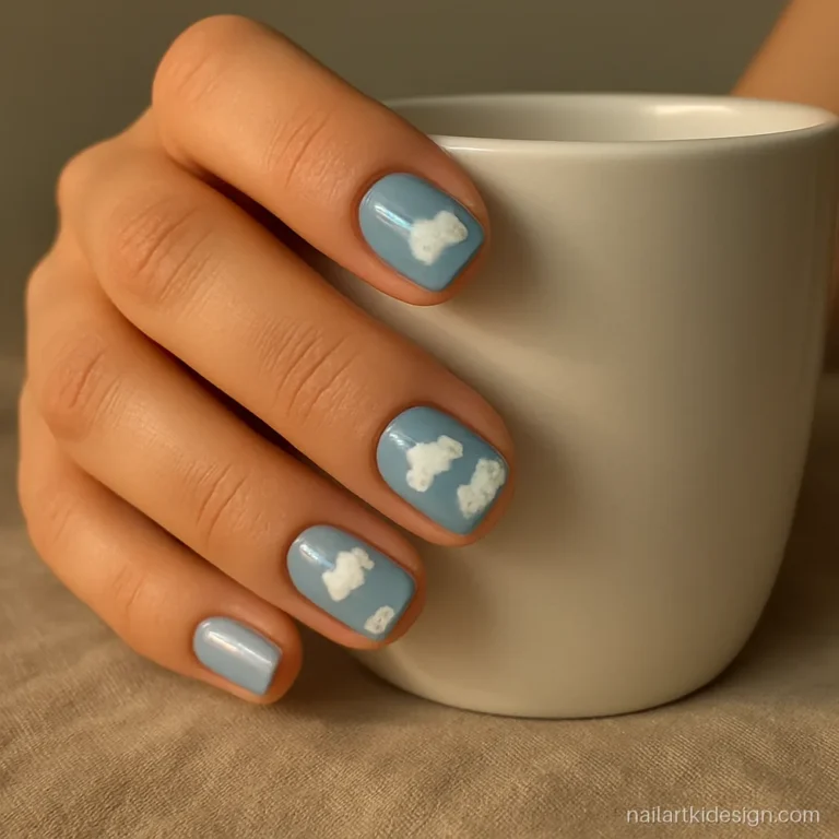 Cute short nails in sky blue with tiny white clouds on two fingers