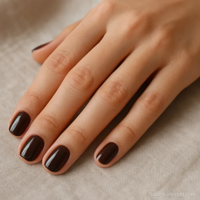 Short nail designs in glossy mocha brown gel on very short round nails