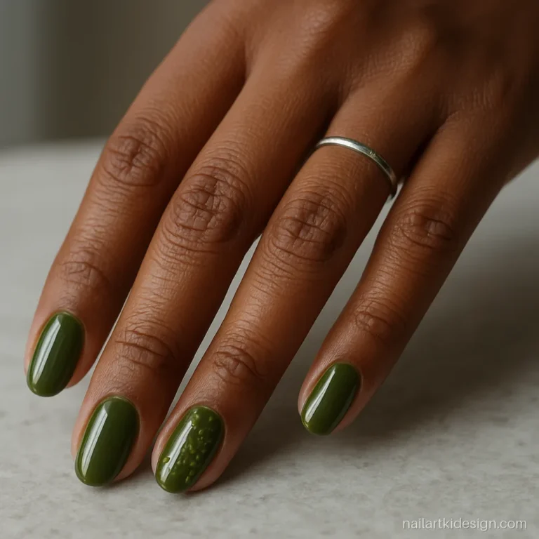 Olive green gel short nail art with tiny gold flakes on the ring finger