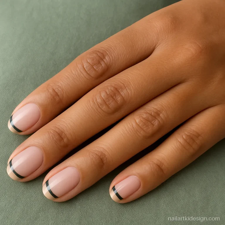Double line French tips in navy and gold on short oval nails