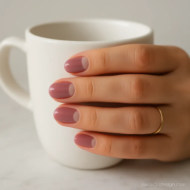 Natural nails painted rose with bare half moons at the base on short oval nails