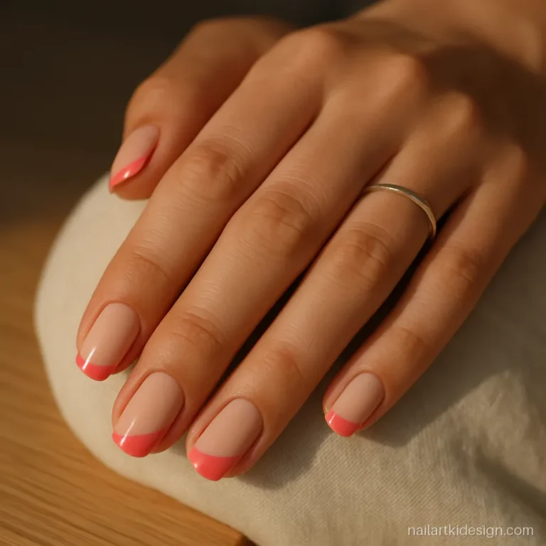 Side swept coral French tips on short square nails for summer