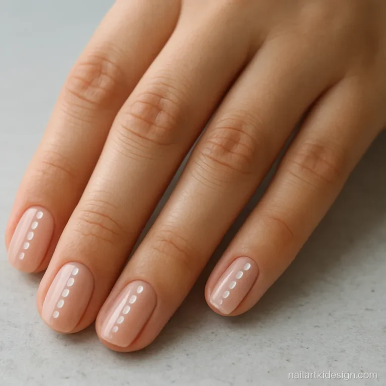 Simple nail art for short nails with a line of white dots on nude