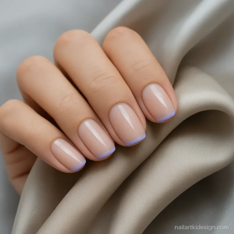 Skinny lilac French tips on short squoval nails with a sheer nude base