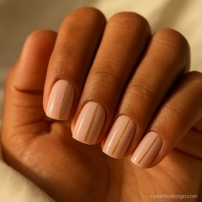 Short nail designs with one thin gold vertical stripe on a blush base