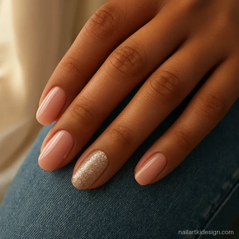 Blush pink nails with one fine silver glitter accent nail on the ring finger