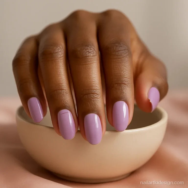 Lilac nails with a white half moon at the base of one accent nail