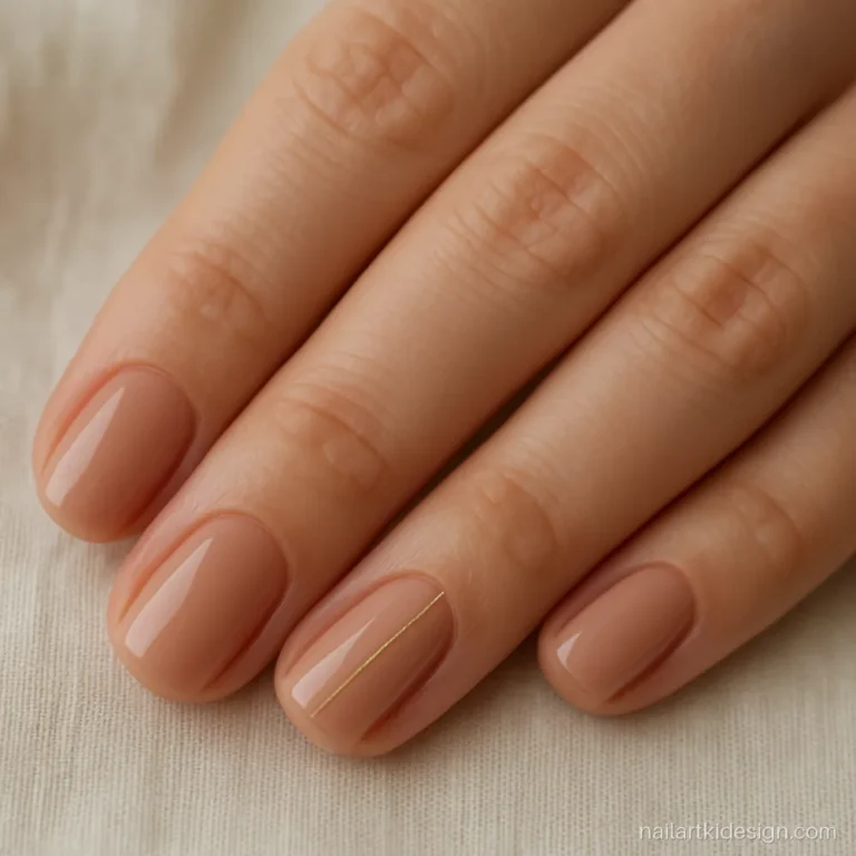 Simple nail designs with nude nails and one gold line on the ring finger
